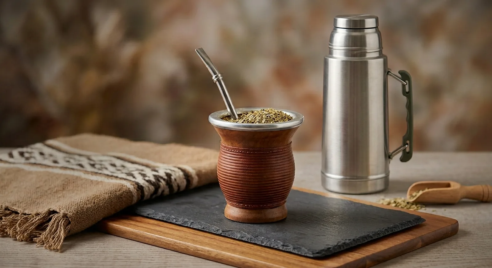 Mate cebado junto a termo de acero, sobre tabla de madera con manta artesanal