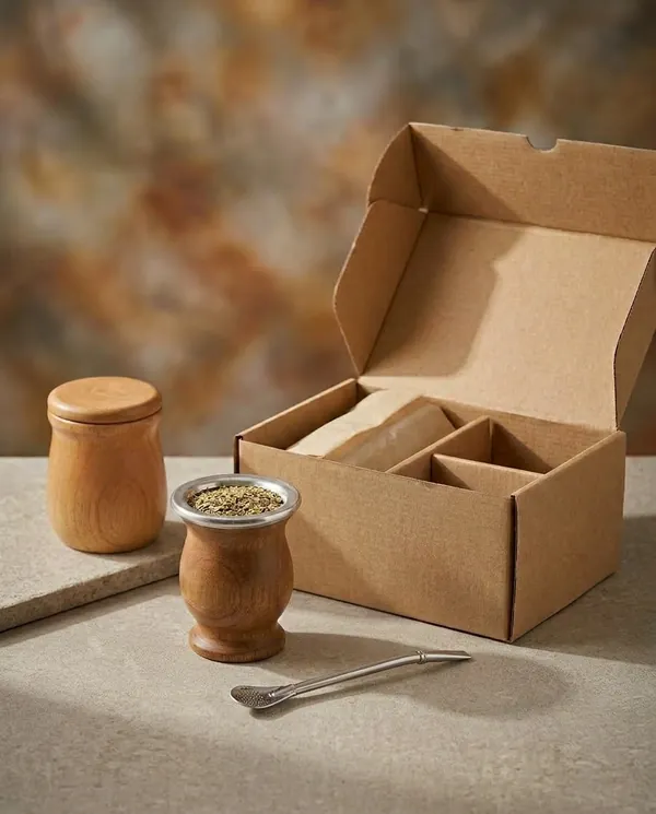 Kit Clásico armado: mate, bombilla, yerbera y caja de regalo abierta