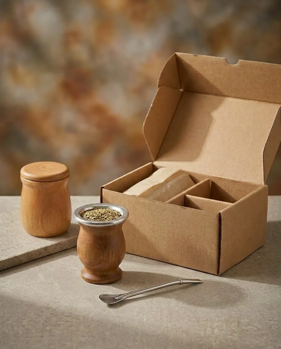 Kit Clásico armado: mate, bombilla, yerbera y caja de regalo abierta