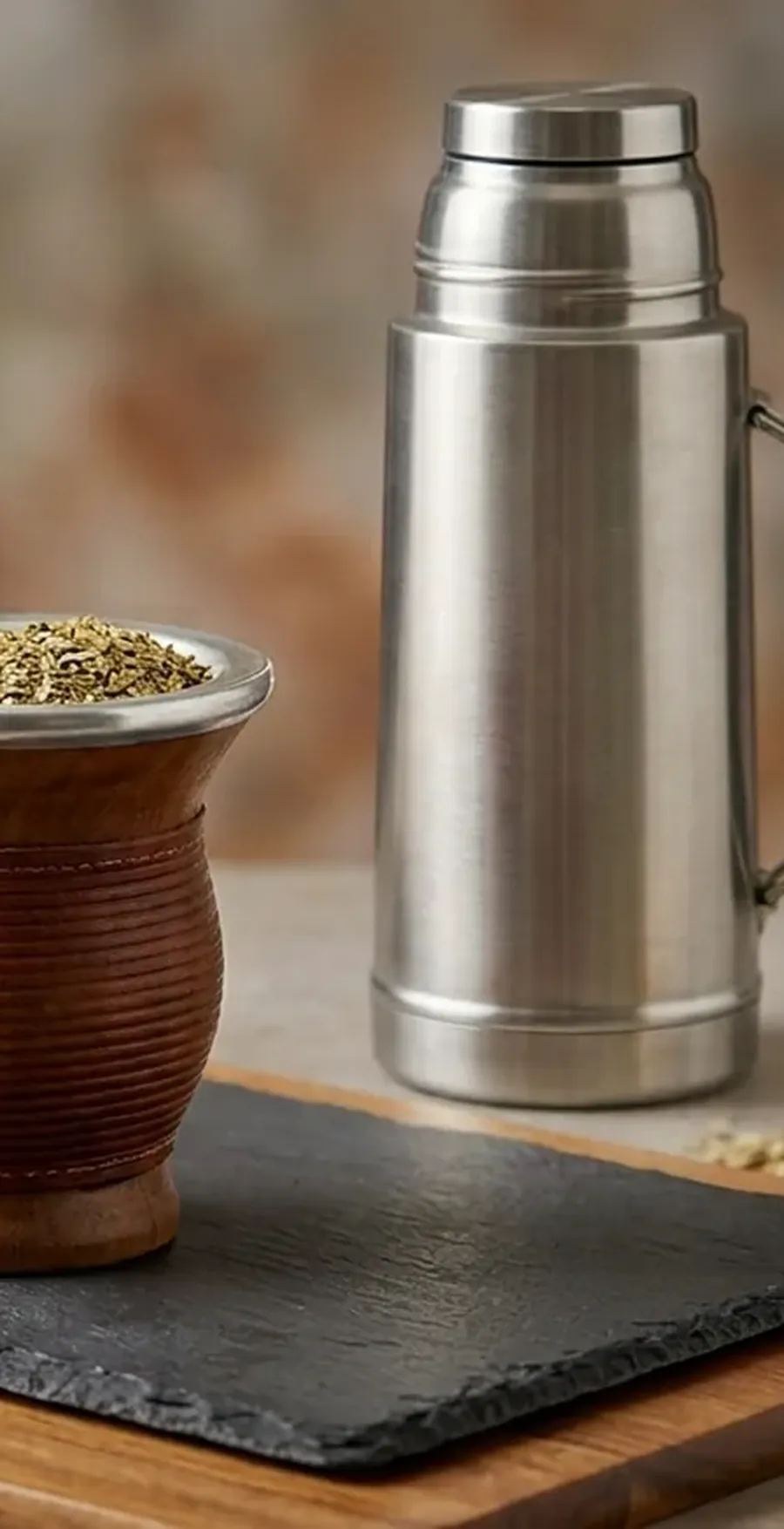 Termo de acero de 1,2 litros junto a un mate