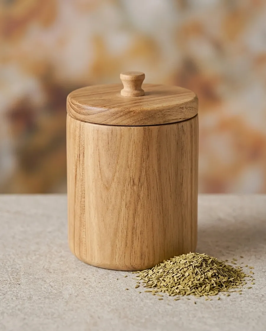 Yerbera de madera cerrada, con tapa a presión, junto a yerba suelta